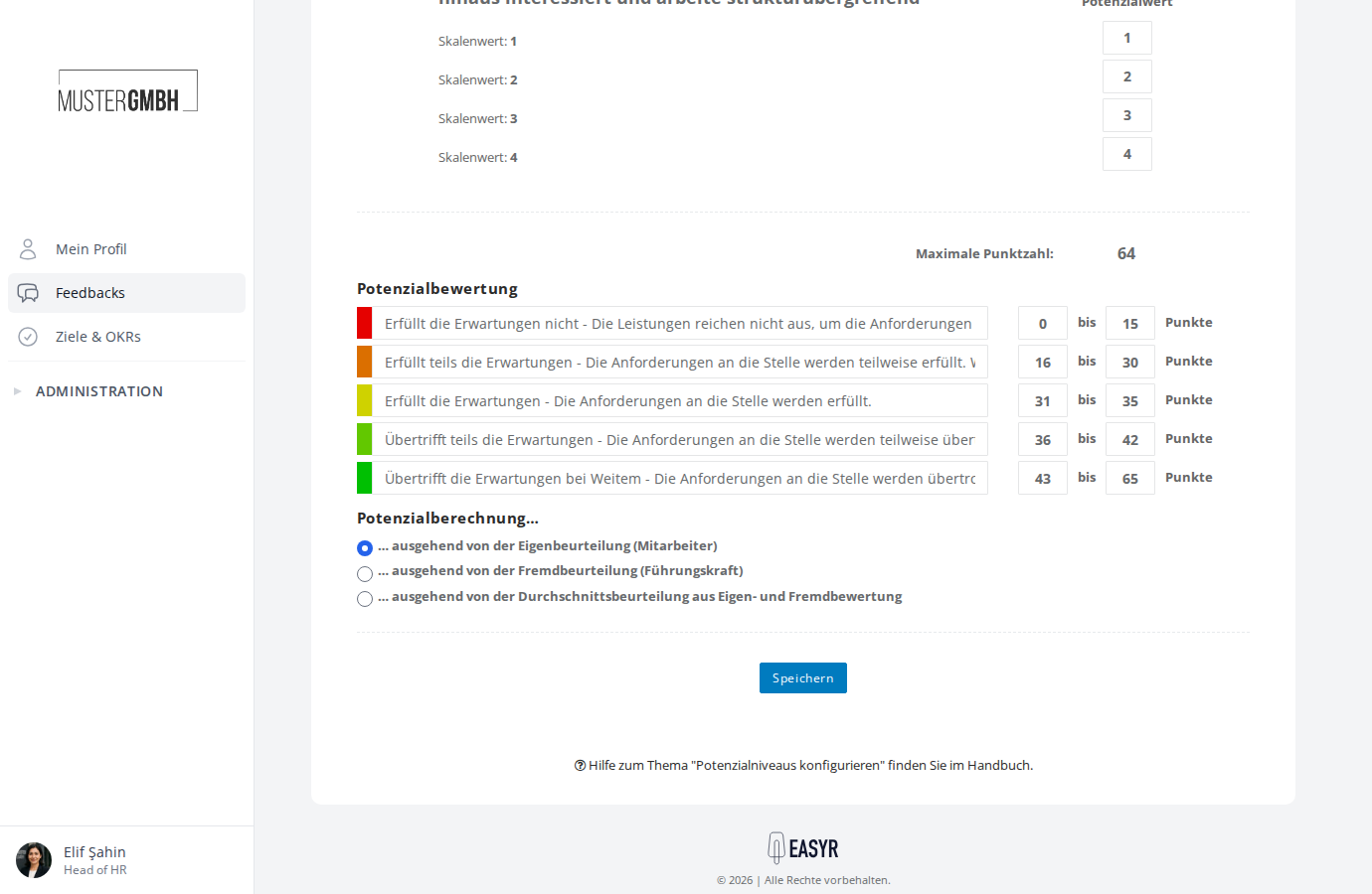 Speichern-Button am Ende der Seite mit Potenzialbewertung und Potenzialberechnung