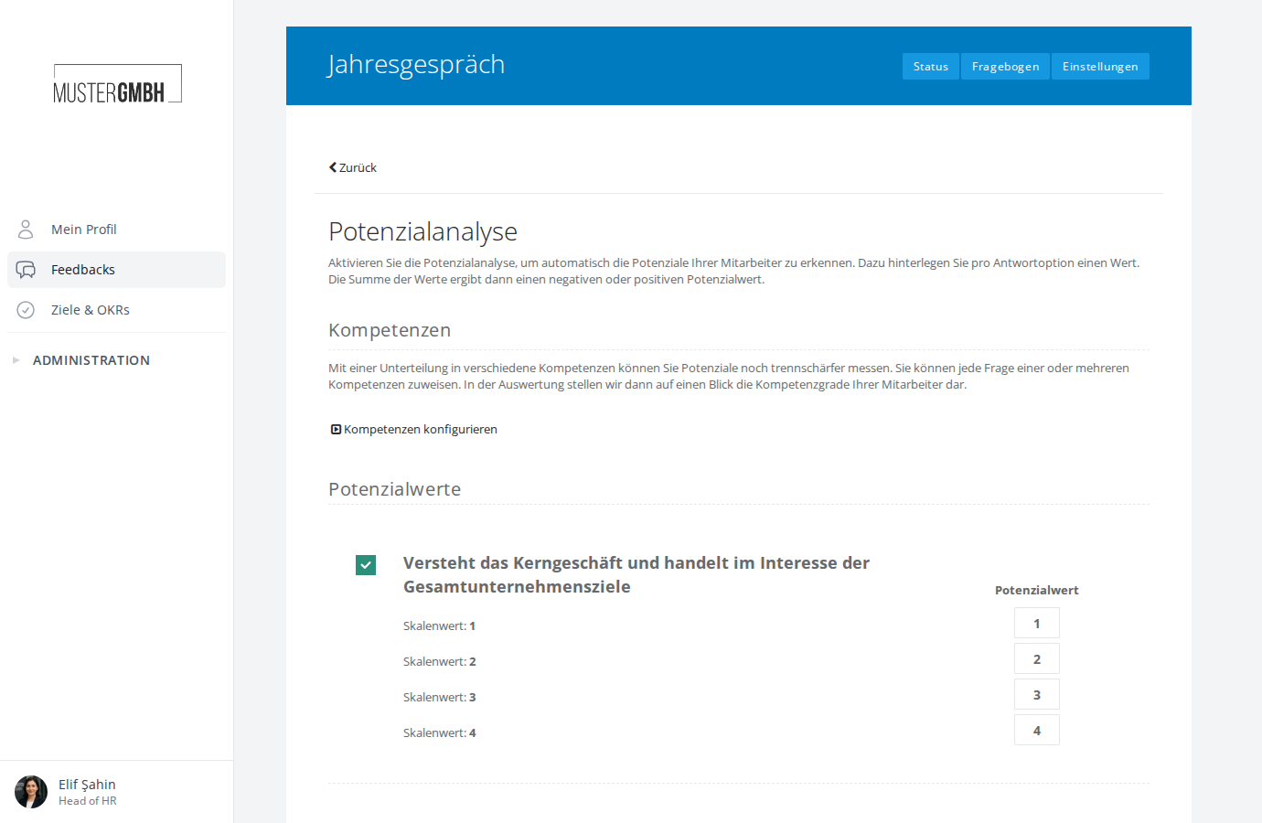 Übersicht der Potenzialwerte mit Fragen und Eingabefeldern