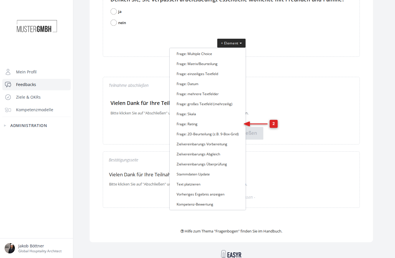 Rating-Frage über das + Element Menü hinzufügen