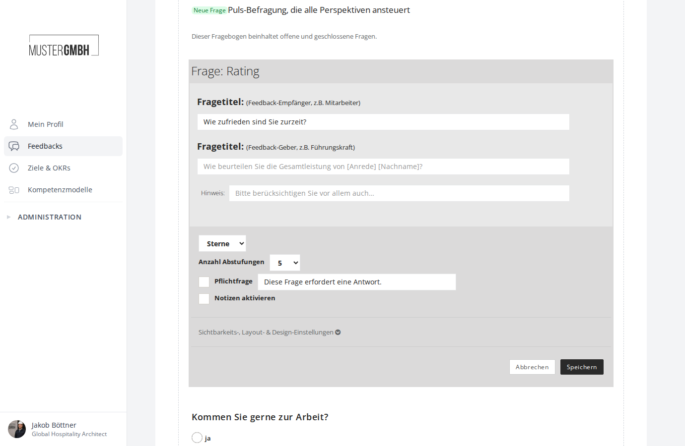 Übersicht des Rating-Frage Konfigurationsformulars