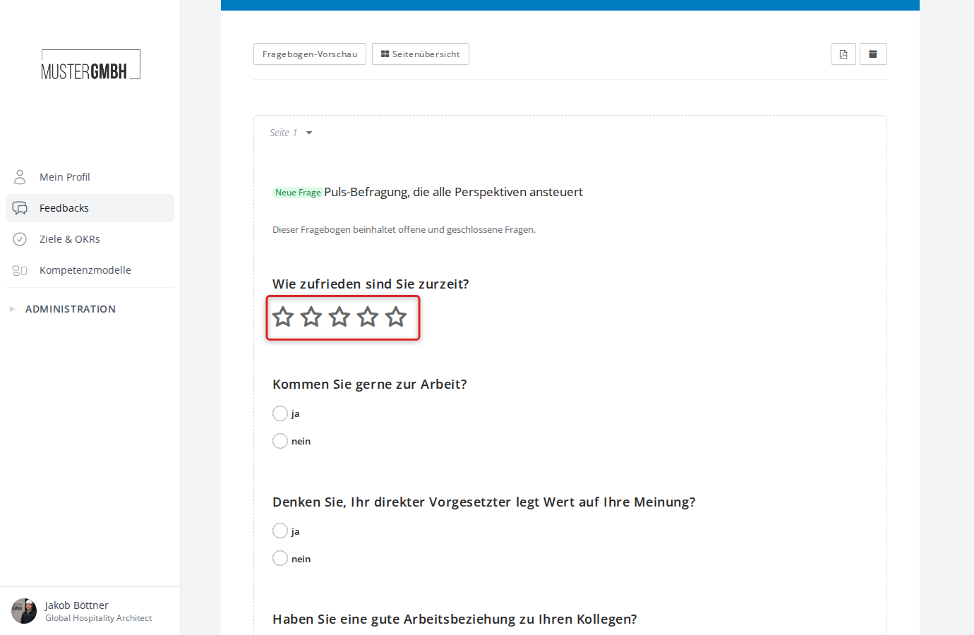 Vorschau einer Rating-Frage mit fünf Sternen im Fragebogen-Editor