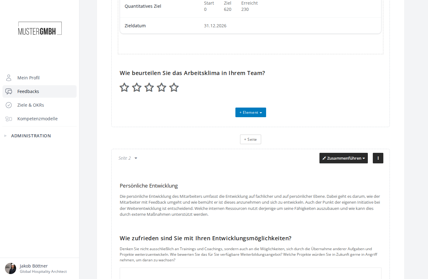Fragebogen-Editor mit zwei Seiten, dem Button "+ Seite" dazwischen und der Seitenbezeichnung "Seite 2" im Kopfbereich