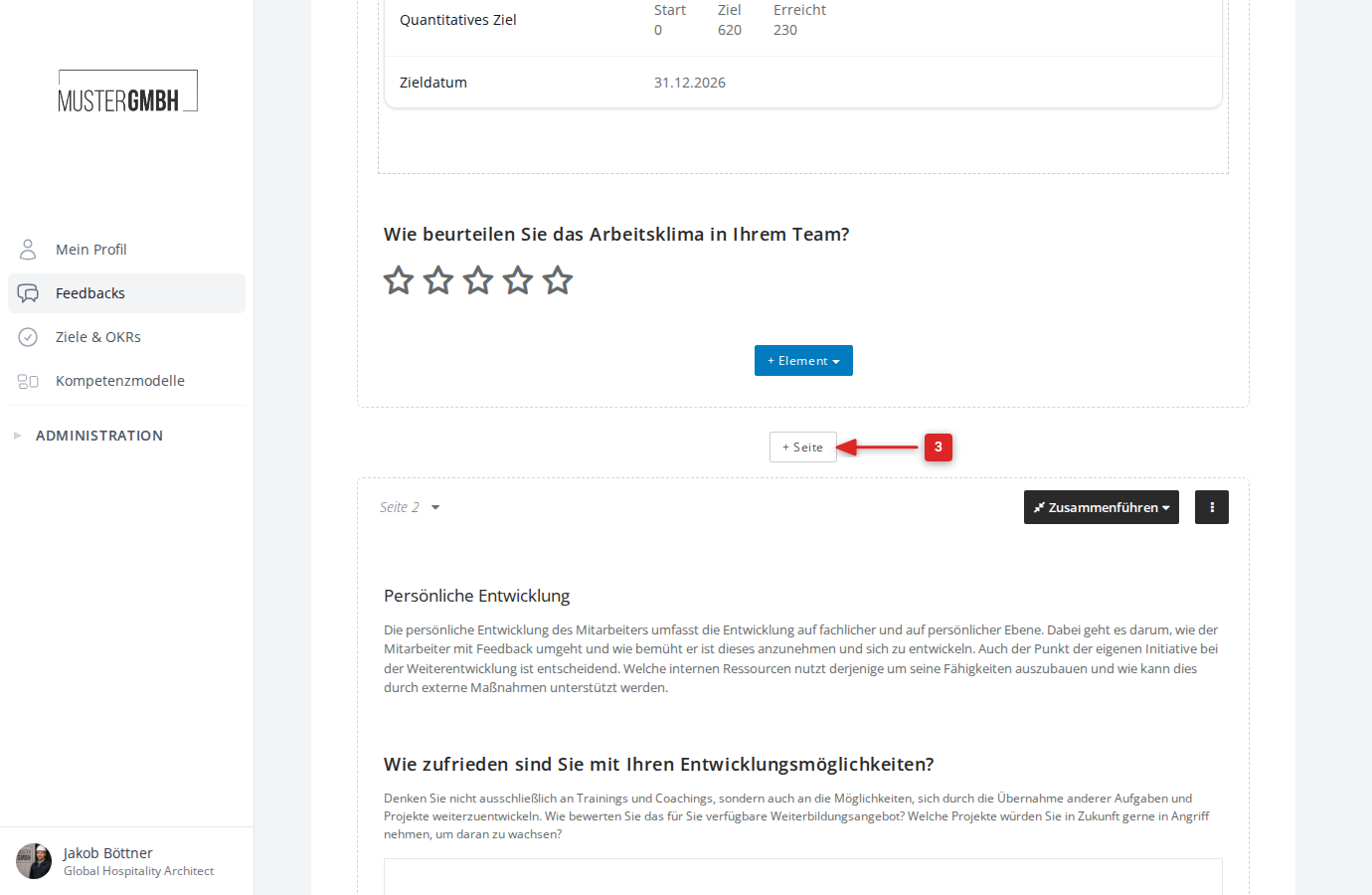 Der Button "+ Seite" zwischen zwei Fragebogenseiten