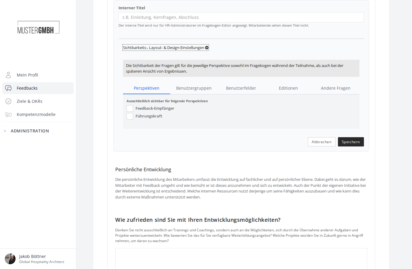 Seiteneinstellungen mit internem Titel und aufgeklappten Sichtbarkeitseinstellungen