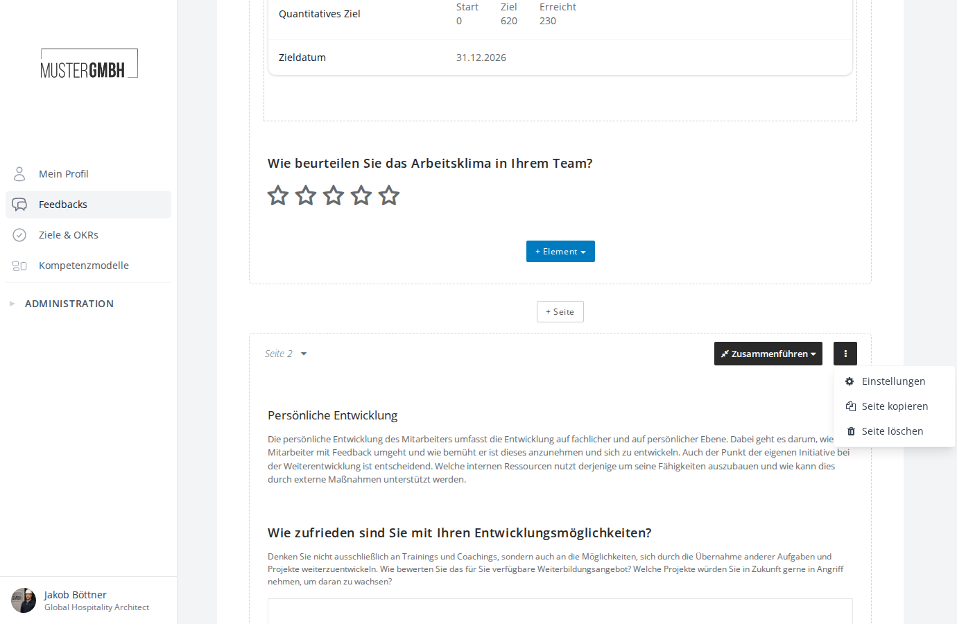 Seitenwerkzeuge mit Seitennavigation, dem Zusammenführen-Dropdown und dem Aktionen-Menü
