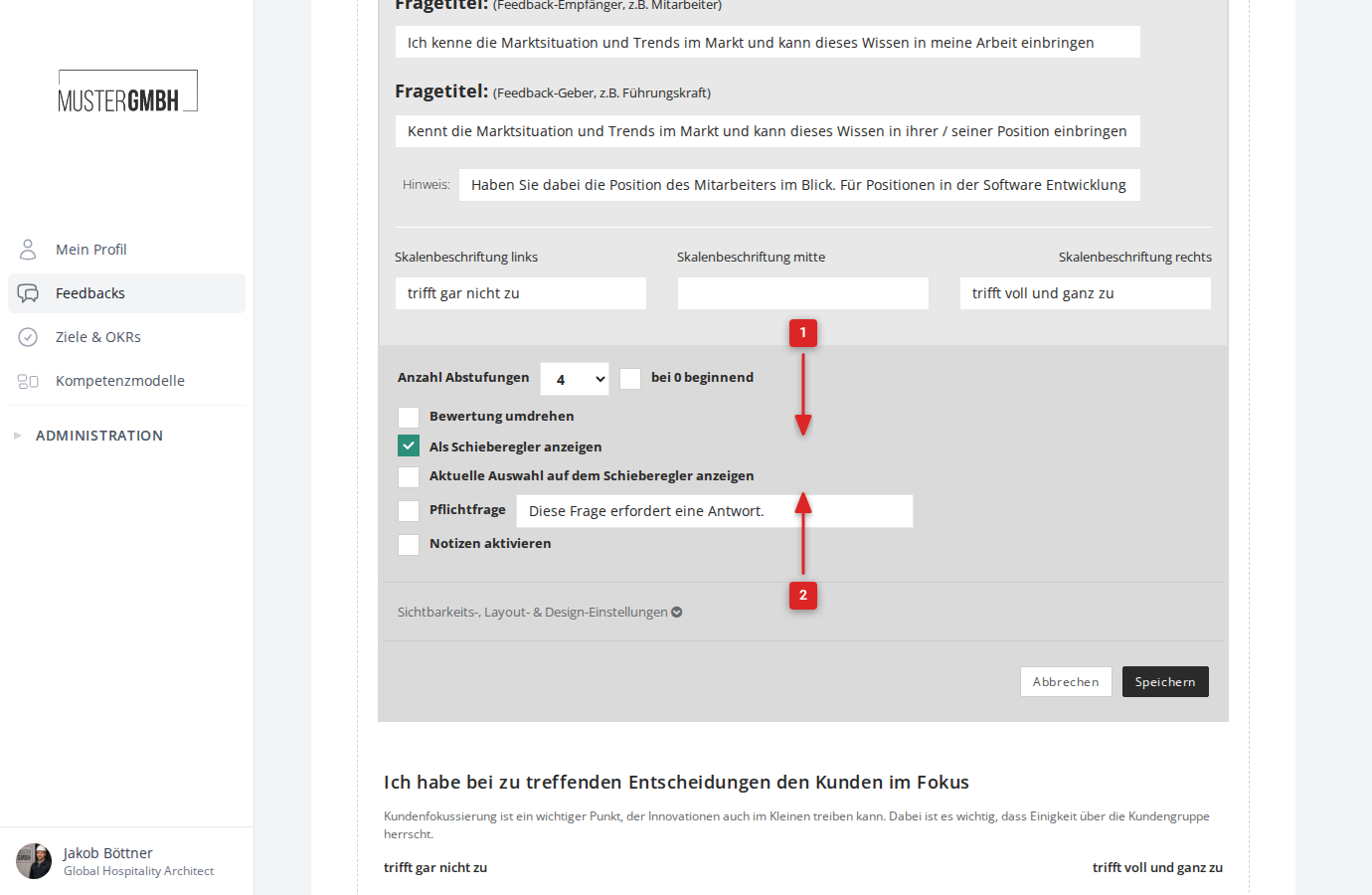 Einstellungen: bei 0 beginnend, Bewertung umdrehen, Als Schieberegler anzeigen