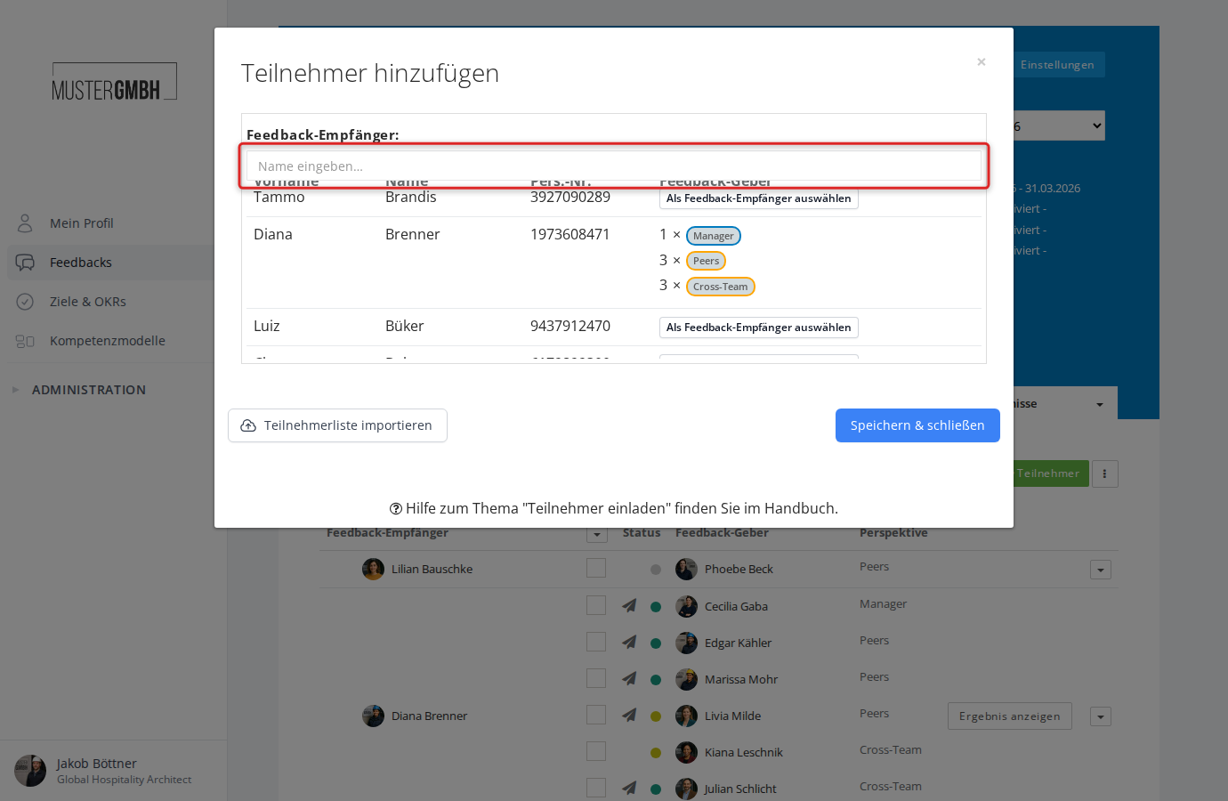 Teilnehmer-hinzufügen-Fenster mit Feedback-Empfänger-Liste