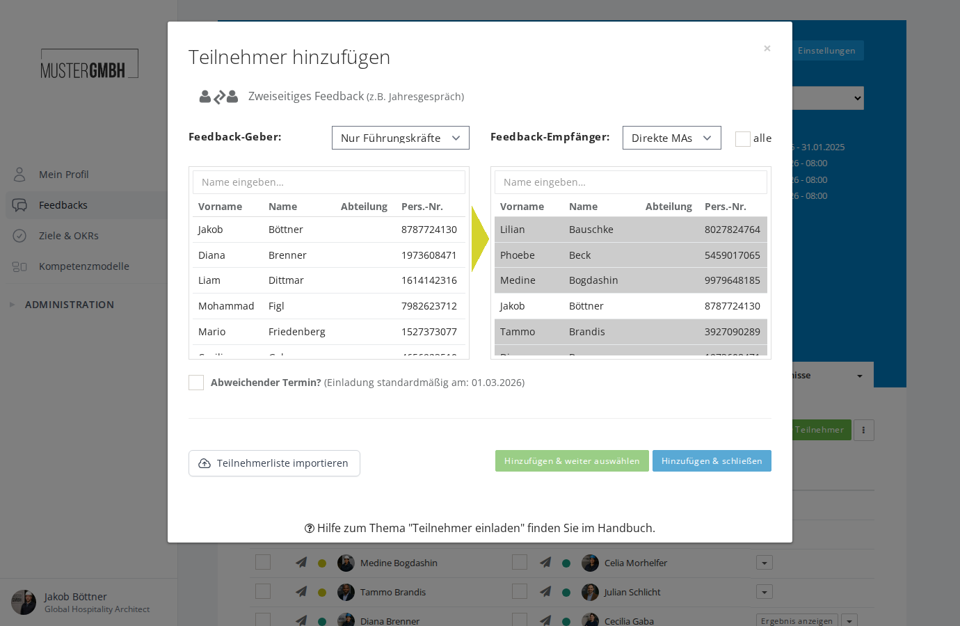 Einladungsdialog für zweiseitiges Feedback
