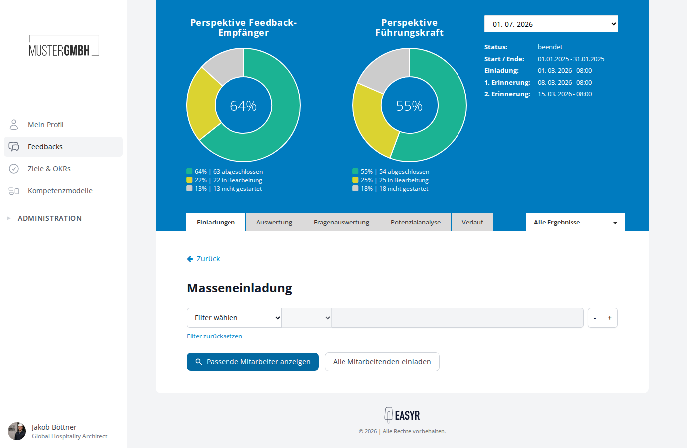 Masseneinladungs-Seite mit Filteroptionen