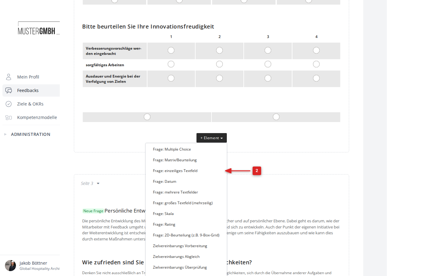 Das Dropdown-Menü „+ Element" mit hervorgehobenem Eintrag „Frage: einzeiliges Textfeld"