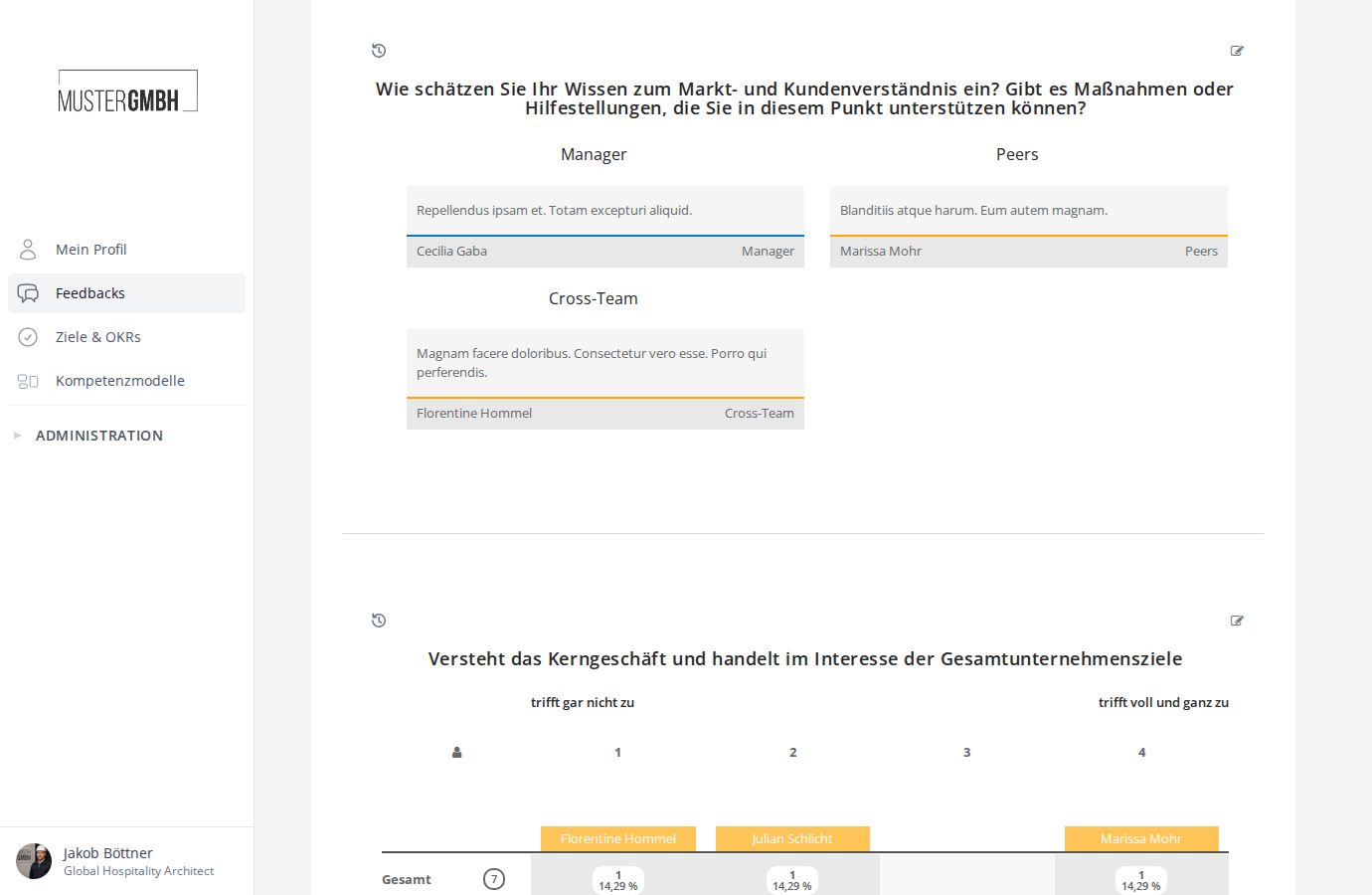 Ergebnisansicht einer Textfeld-Frage mit Antworten, gruppiert nach Perspektiven