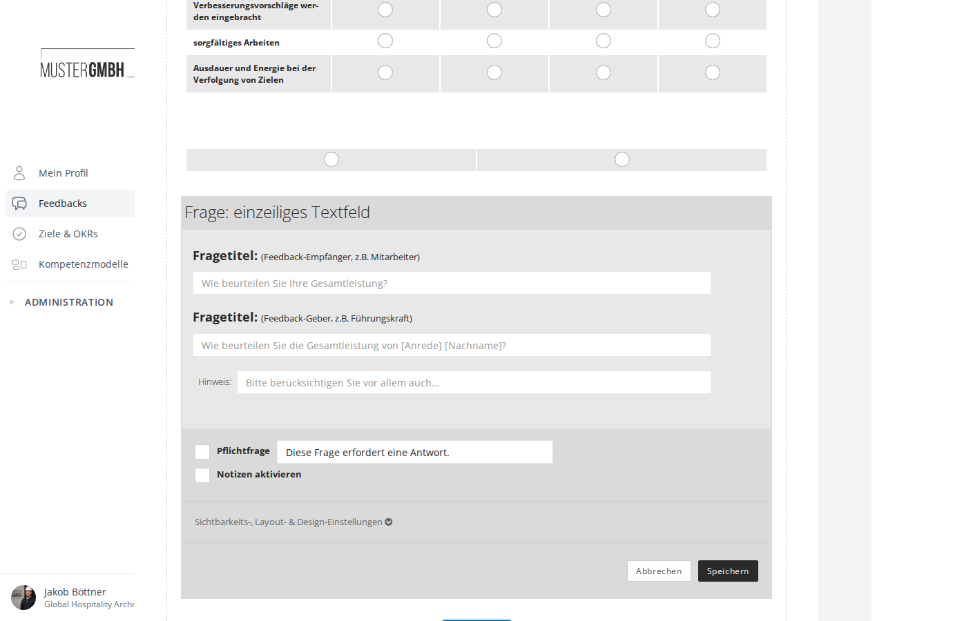 Das Bearbeitungsformular einer einzeiligen Textfeld-Frage im Fragebogen-Editor