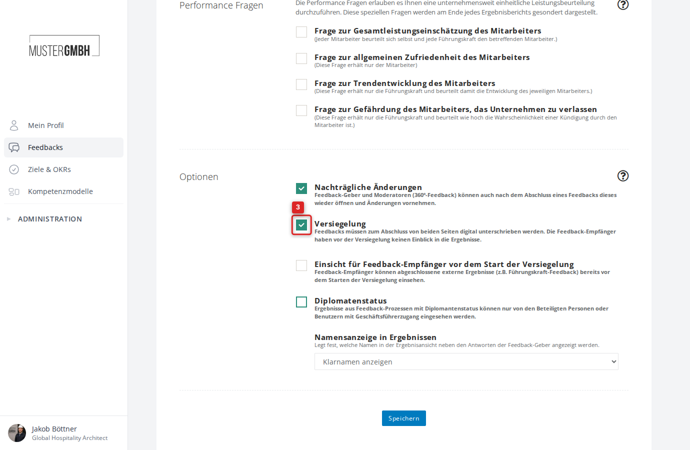 Optionen-Bereich mit aktivierter Versiegelung