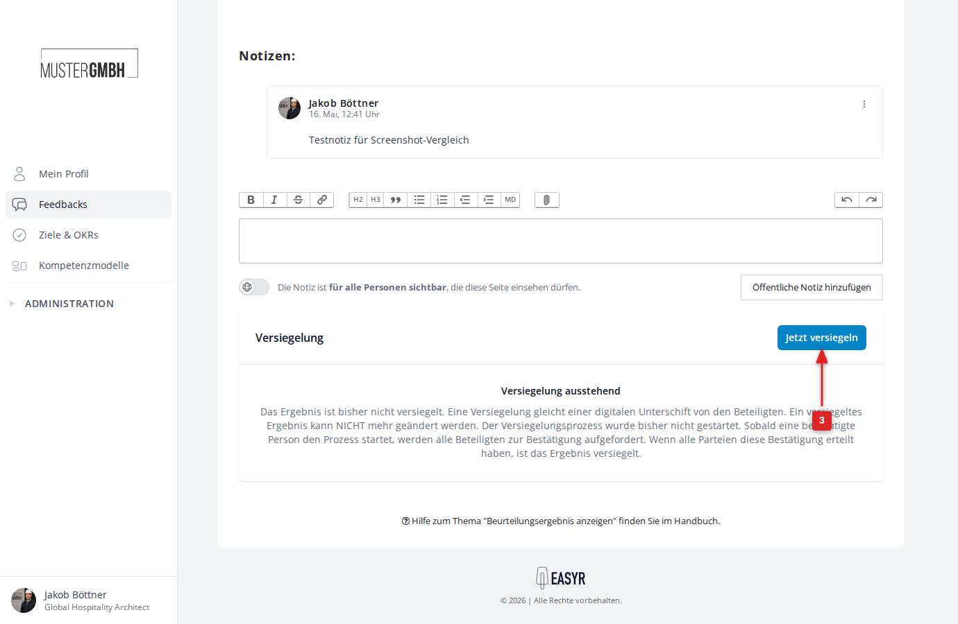 Versiegelung ausstehend mit Jetzt-versiegeln-Button