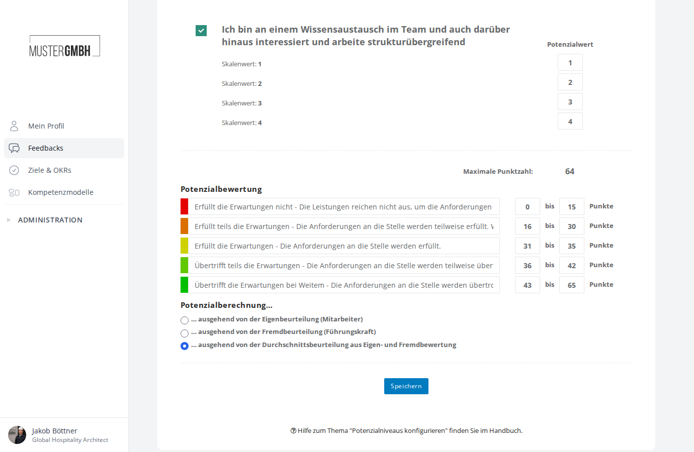 Fünf farbkodierte Potenzialniveaus mit Punktebereichen und Potenzialberechnung
