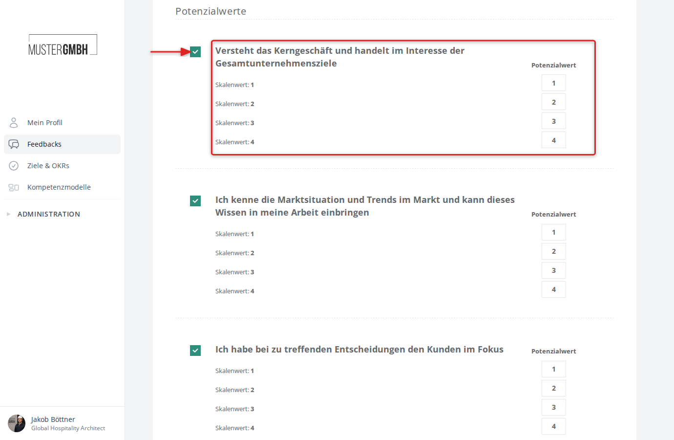 Konfigurationsseite der Potenzialanalyse mit Stärkewerten pro Antwortoption