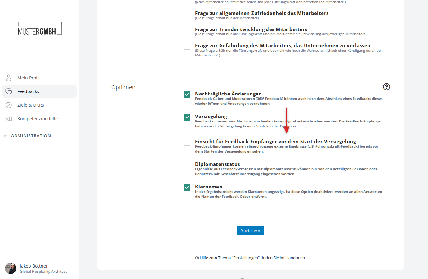 Optionen in den Einstellungen eines 360-Feedbacks