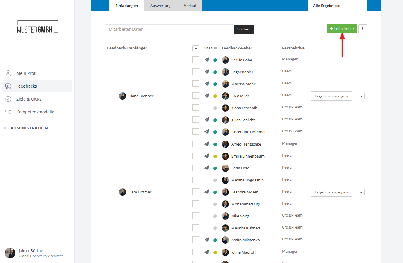 Teilnehmerliste eines 360-Feedbacks mit Feedback-Empfänger und Feedback-Gebern