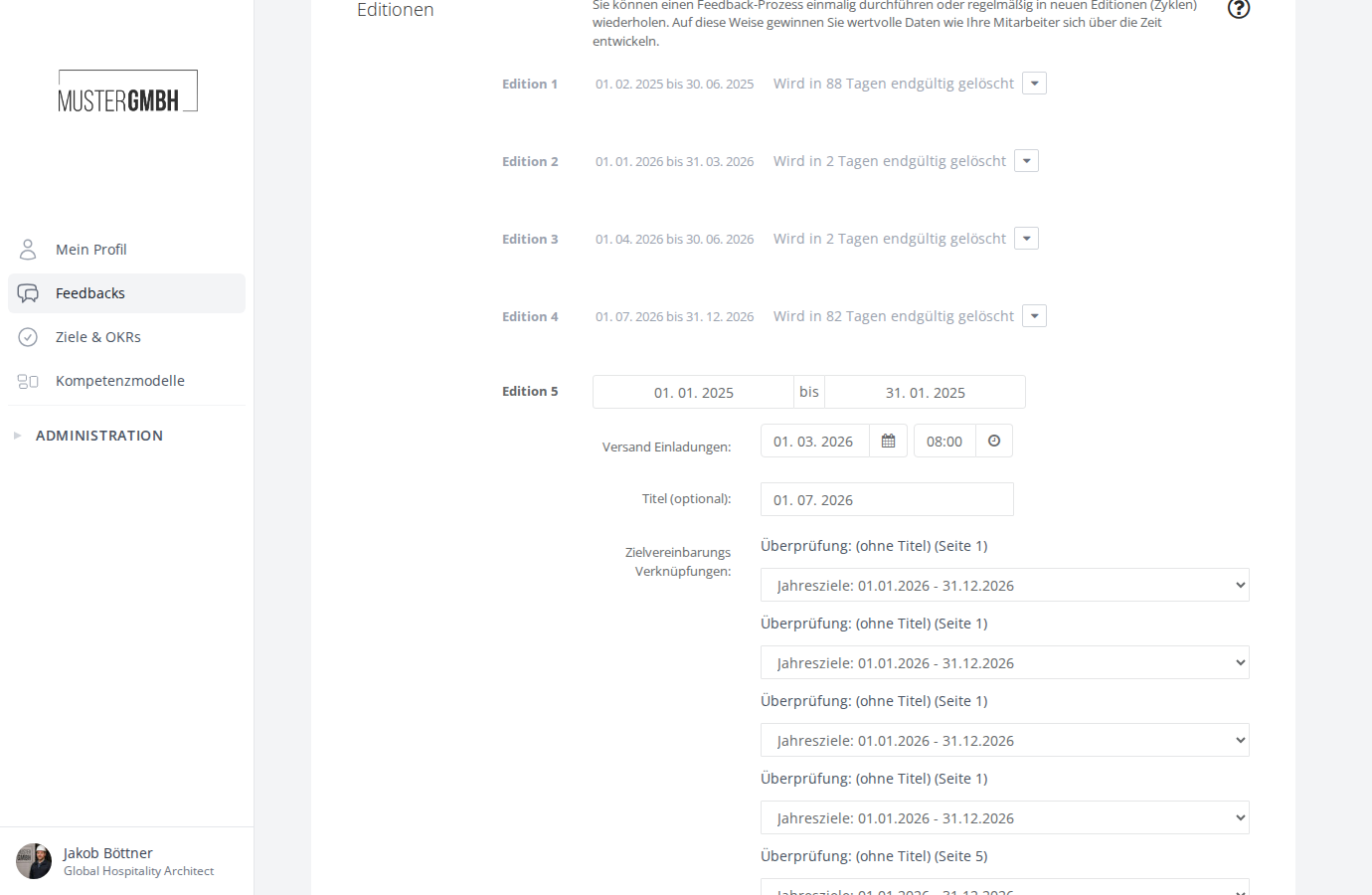 Editionen-Bereich in den Einstellungen eines Feedback-Prozesses