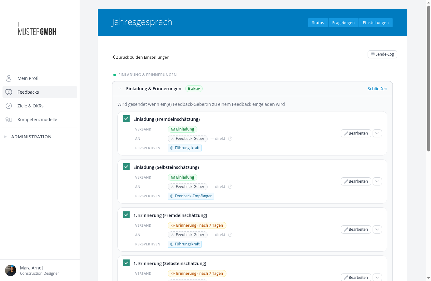 Einladungs- und Erinnerungsregeln im Benachrichtigungscenter des Feedback-Prozesses