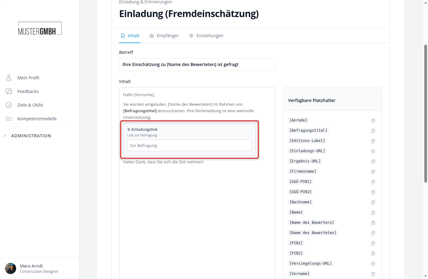 Inhalt einer Einladungsregel mit Einladungslink-Baustein und Platzhaltern