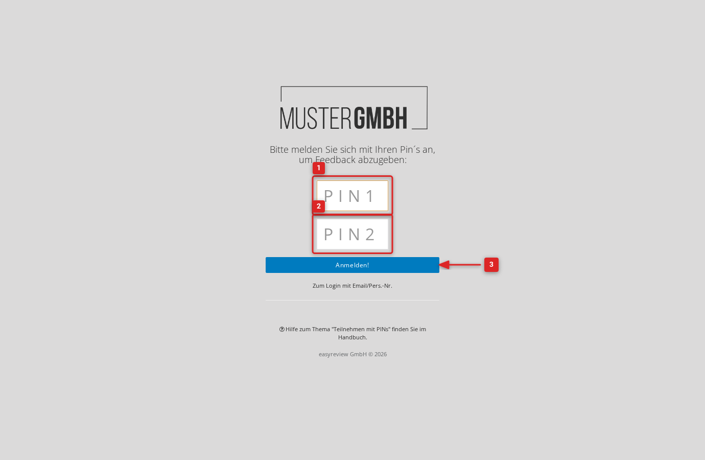 PIN-Anmeldeseite mit den beiden Eingabefeldern für PIN 1 und PIN 2