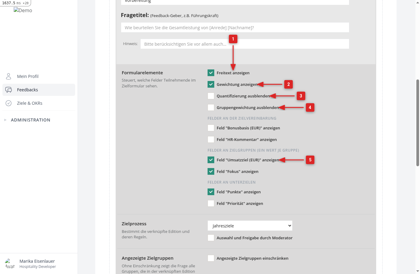 Bereich Formularelemente mit den Häkchen für Freitext, Gewichtung, Quantifizierung, Gruppengewichtung und ein benutzerdefiniertes Feld