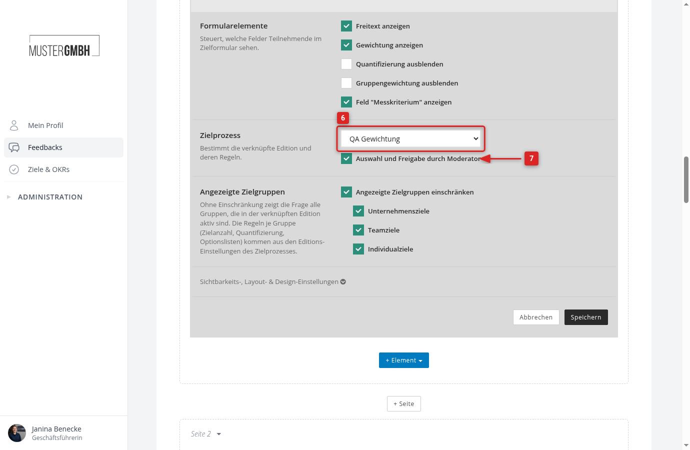 Bereich Zielprozess mit Auswahl des Zielprozesses und dem Häkchen für die Freigabe durch den Moderator