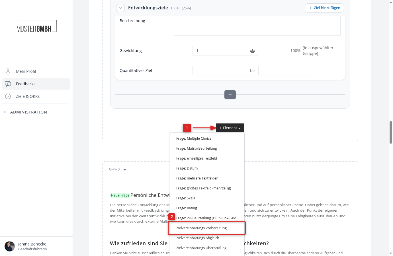 Element-Dropdown mit markierter Zielvereinbarungs Vorbereitung