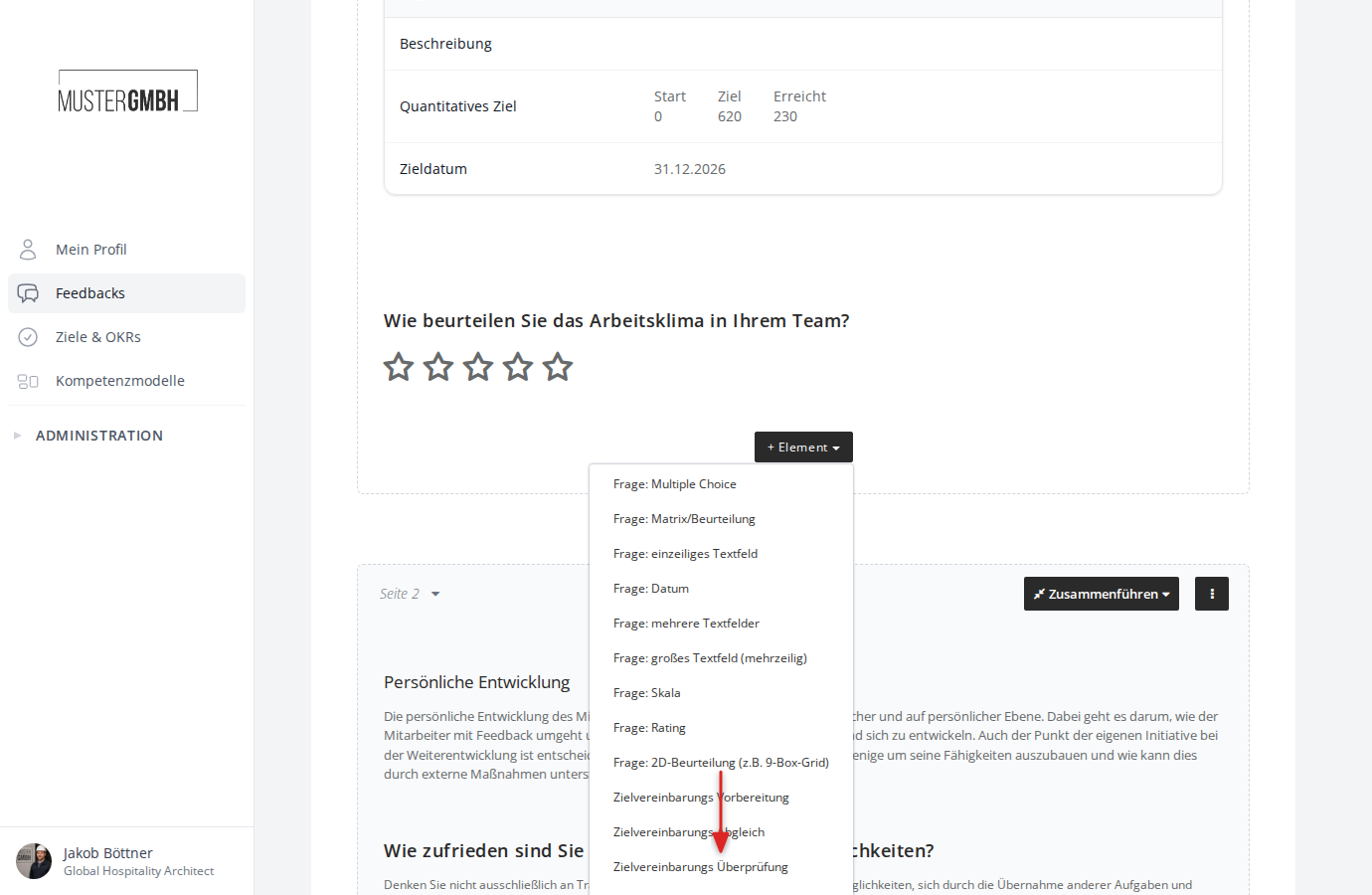 Element-Dropdown mit markierter Zielvereinbarungs Überprüfung
