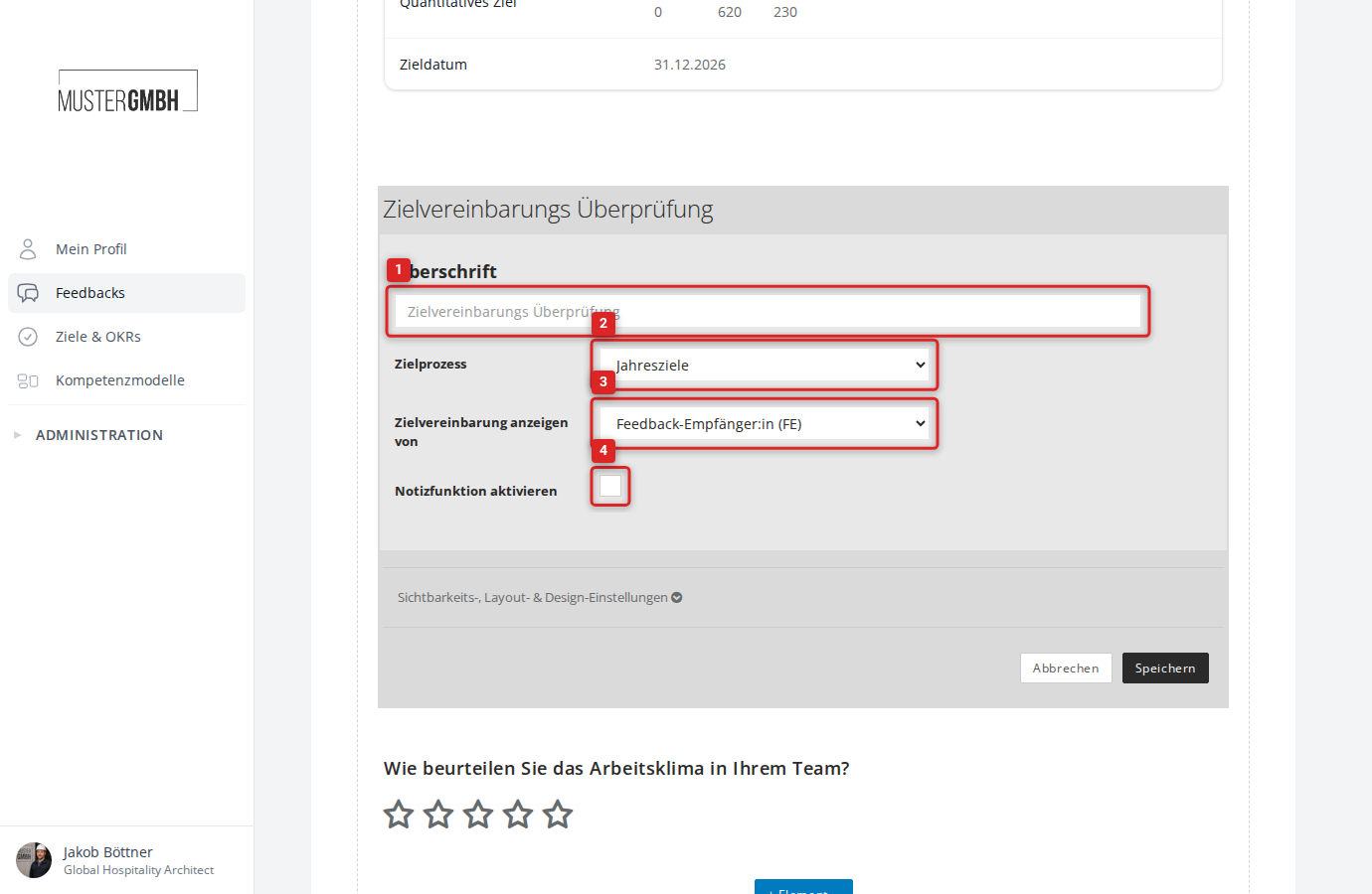 Konfigurationsformular der Zielvereinbarungsüberprüfung