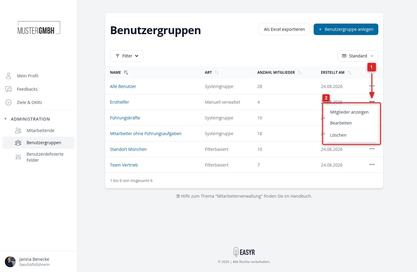 Aktionsmenü einer Benutzergruppe mit Bearbeiten und Löschen