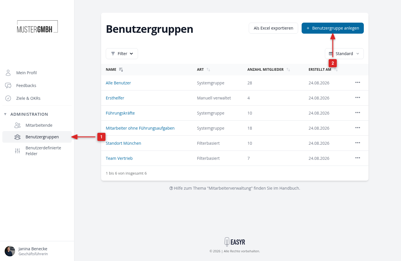 Benutzergruppen in der Seitenleiste öffnen und auf Benutzergruppe anlegen klicken
