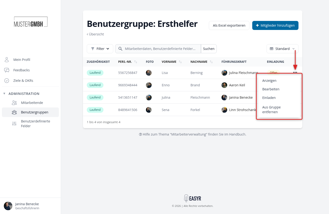 Aus Gruppe entfernen im Aktionsmenü einer Zeile