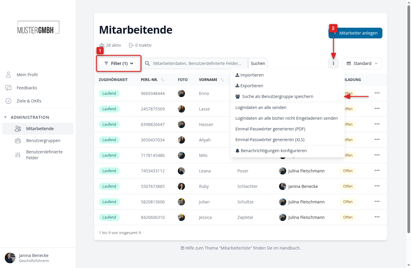 Suche als Benutzergruppe speichern im Aktionsmenü der Mitarbeiterliste