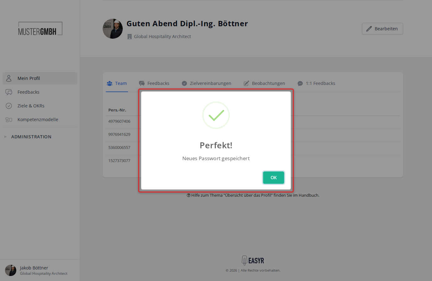 Erfolgsmeldung "Perfekt! Neues Passwort gespeichert"