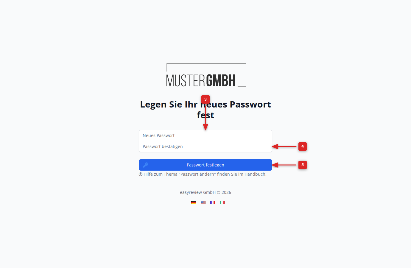 Seite "Legen Sie Ihr neues Passwort fest" mit den Feldern "Neues Passwort" und "Passwort bestätigen"