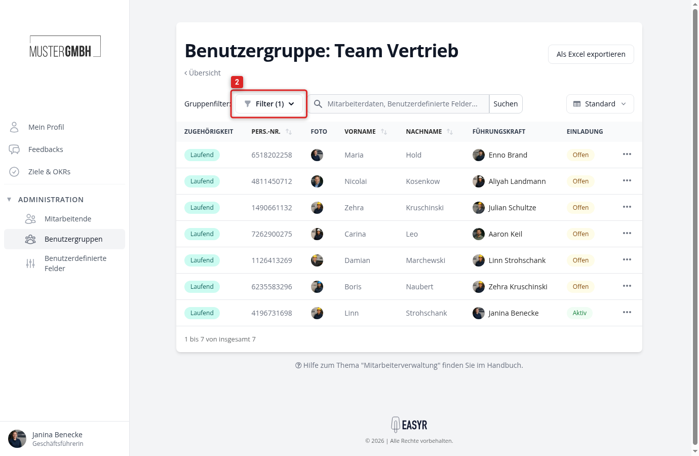 Gruppenfilter auf der Mitgliederseite aufklappen