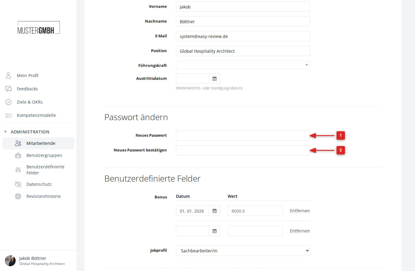 Bereich Passwort ändern mit den zwei Eingabefeldern