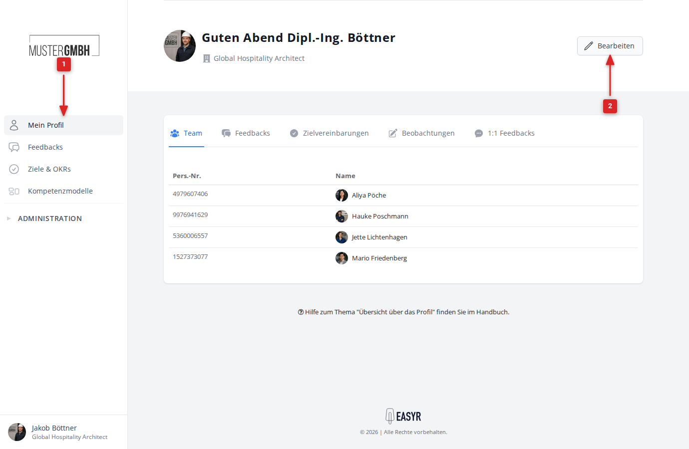 Profilseite mit markiertem Sidebar-Link und Bearbeiten-Button