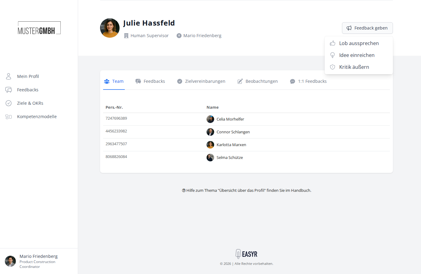 Feedback-geben-Dropdown mit drei Optionen