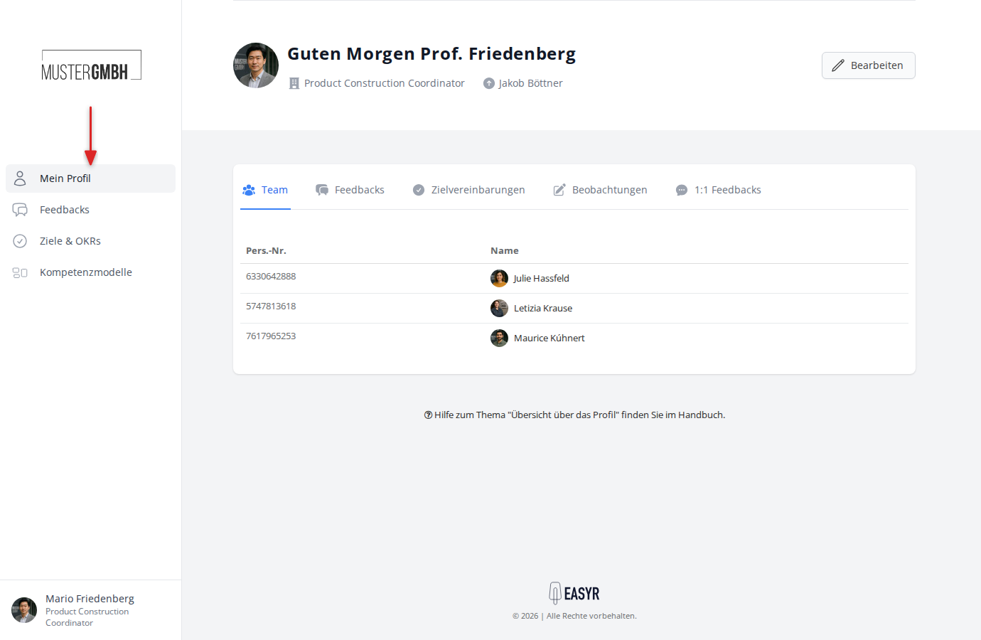 Navigationsleiste mit dem Menüpunkt Mein Profil
