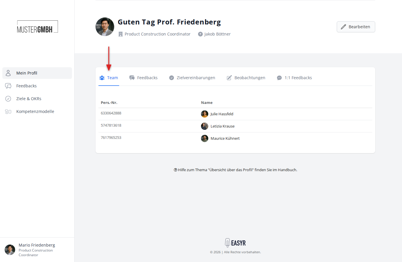 Reiter Team mit Liste der direkten Mitarbeiter
