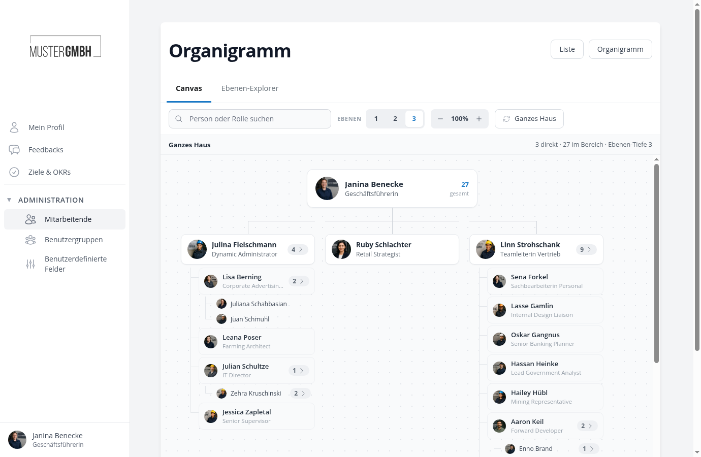 Das Organigramm mit Canvas, Ebenen-Wähler und Suchfeld