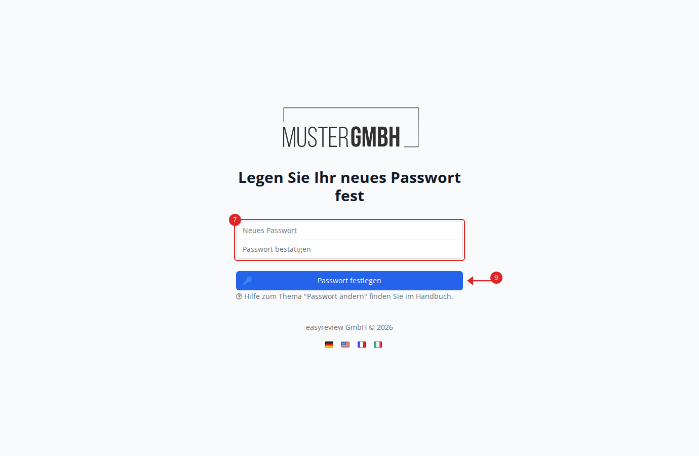 Seite "Legen Sie Ihr neues Passwort fest" mit Eingabefeldern und Button