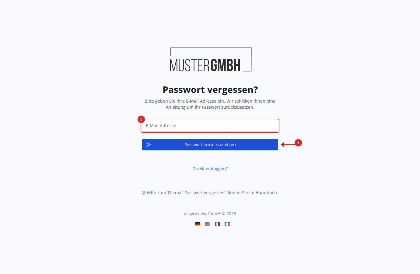 Seite "Passwort vergessen?" mit E-Mail-Feld und Button