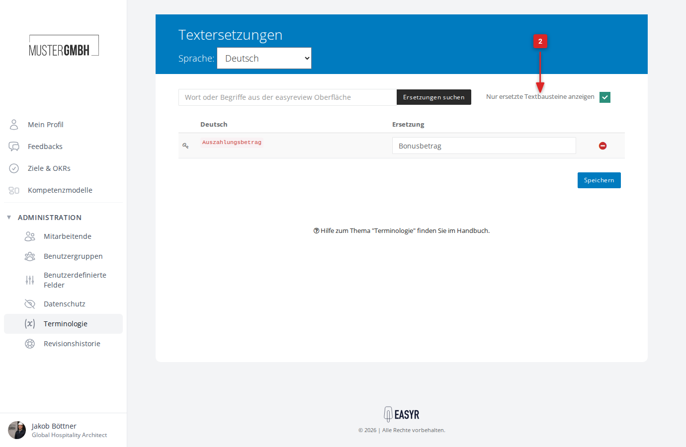 Checkbox "Nur ersetzte Textbausteine anzeigen"