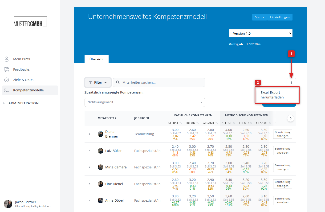 Aktionsmenü mit Excel-Export-Option