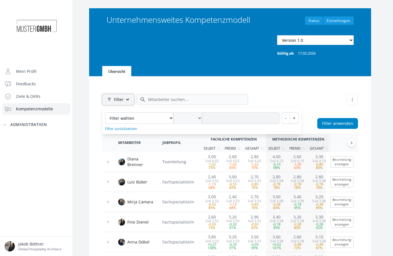 Geöffnete Filterleiste
