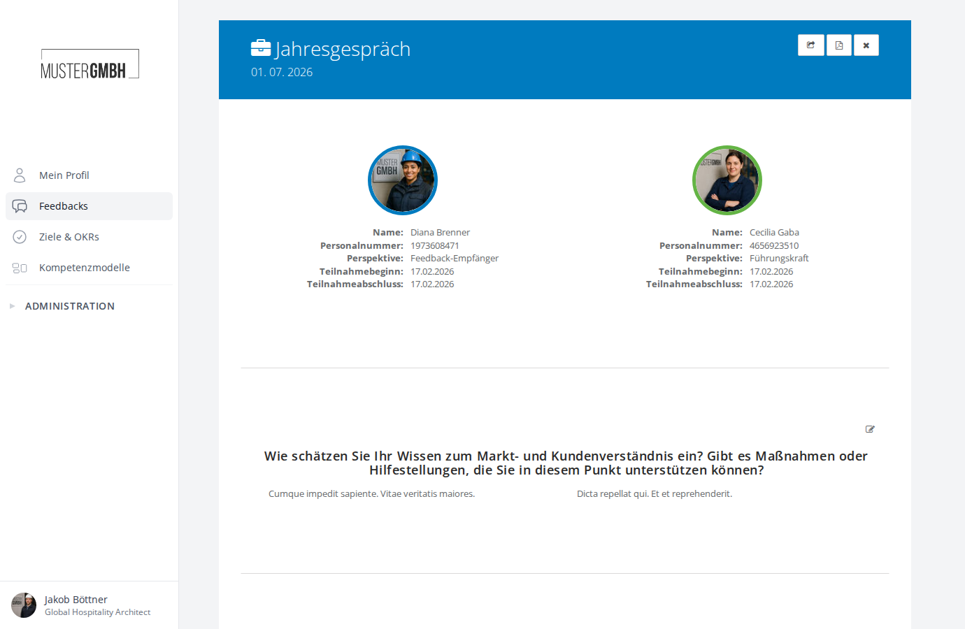 Ergebnisseite mit Teilnehmerdetails und Fragebogen-Ergebnissen